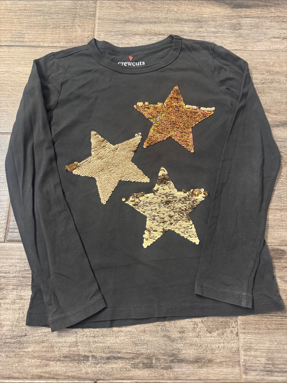 Crewcuts Black Long Sleeve Tee with Three Gold Sequin Stars